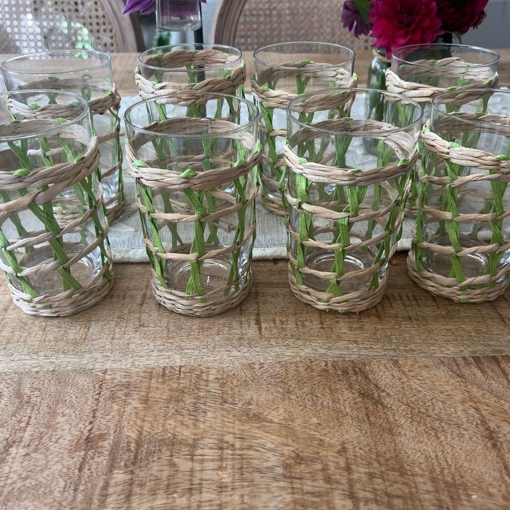 Anthropologie Calla Highball Glass Tumblers w/Seagrass Holders NWT Set of 8